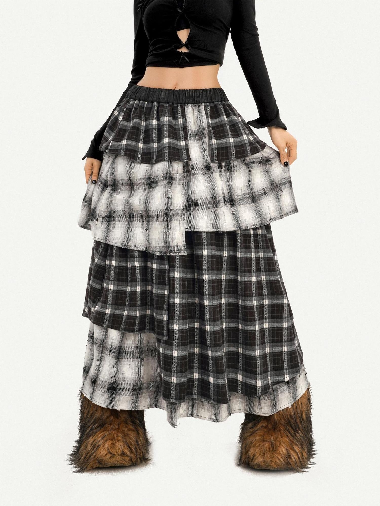Nico Molly Vintage Layered High Waist Irregular Hem Women Casual Maxi Skirts