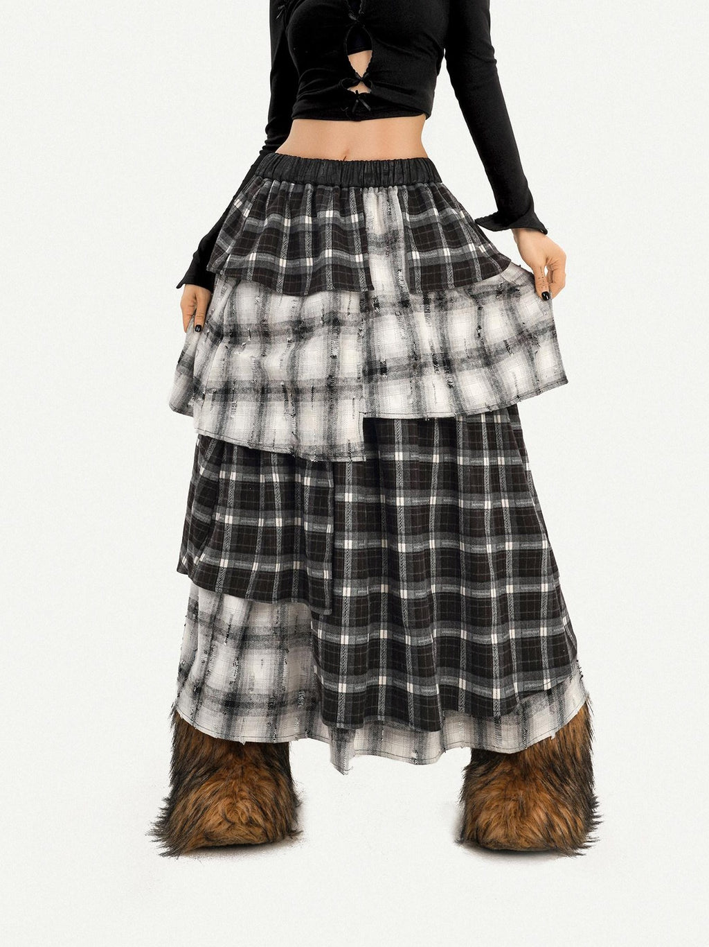 Nico Molly Vintage Layered High Waist Irregular Hem Women Casual Maxi Skirts