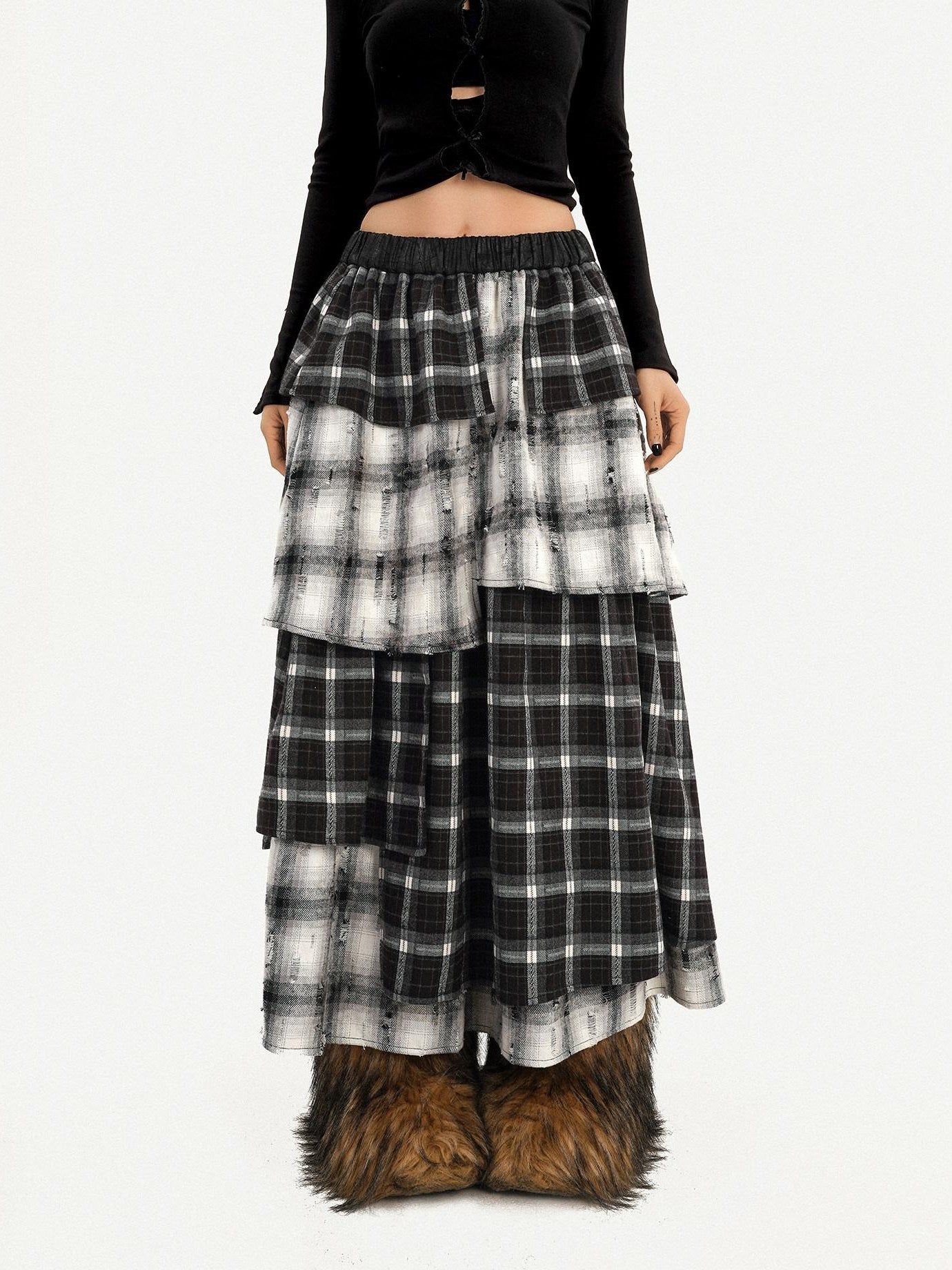 Nico Molly Vintage Layered High Waist Irregular Hem Women Casual Maxi Skirts