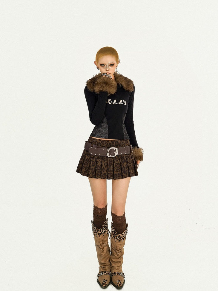 Nico Molly Vintage Leopard Pleated Low Waist A Line Side Zipper Casual Women Mini Skirts