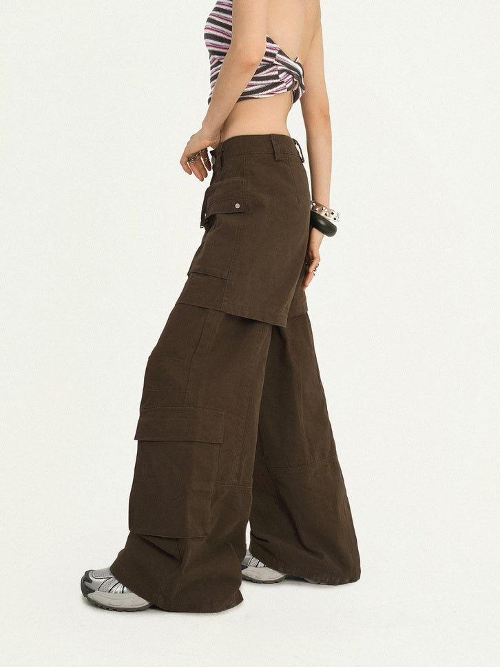Nico Molly Vintage Loose Mock Two Piece Dark Brown Zip Fly Pockets Women Cargo Pants