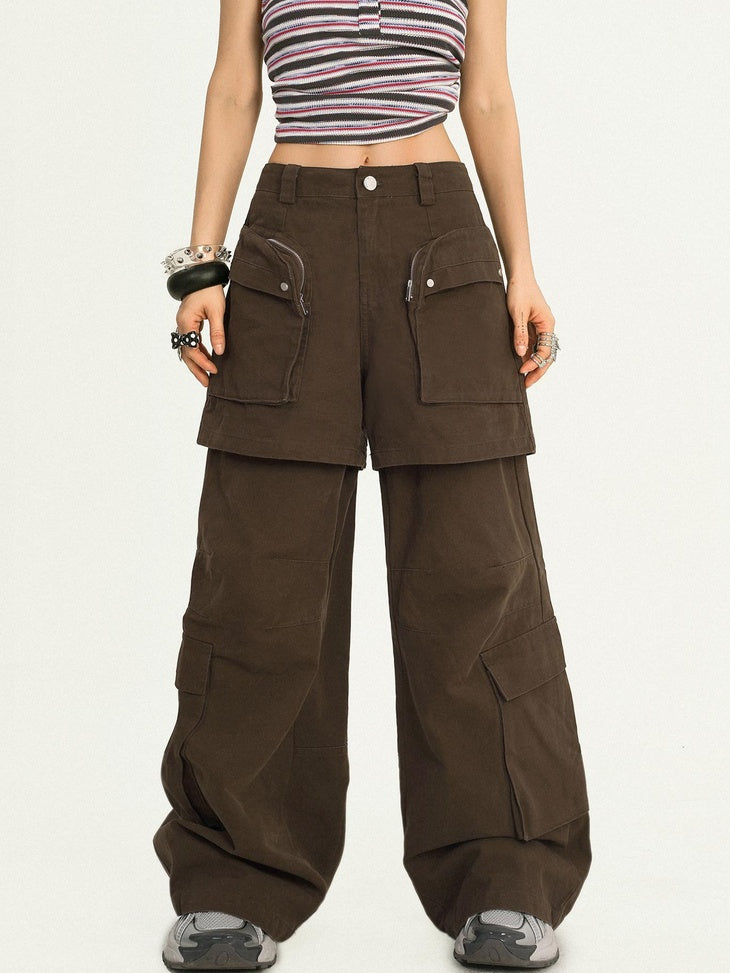 Nico Molly Vintage Loose Mock Two Piece Dark Brown Zip Fly Pockets Women Cargo Pants