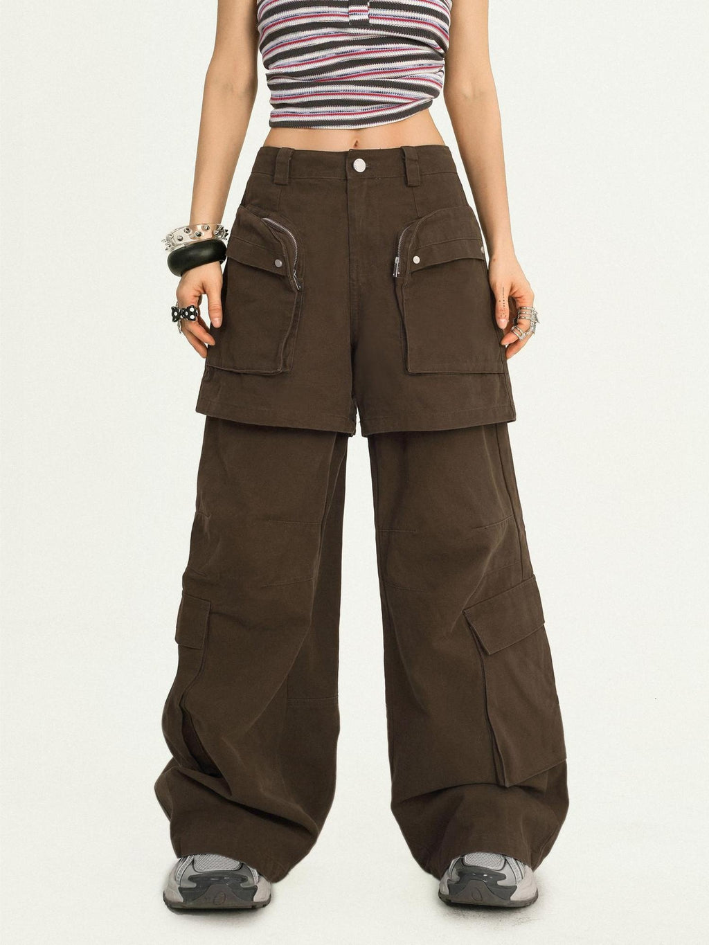 Nico Molly Vintage Loose Mock Two Piece Dark Brown Zip Fly Pockets Women Cargo Pants