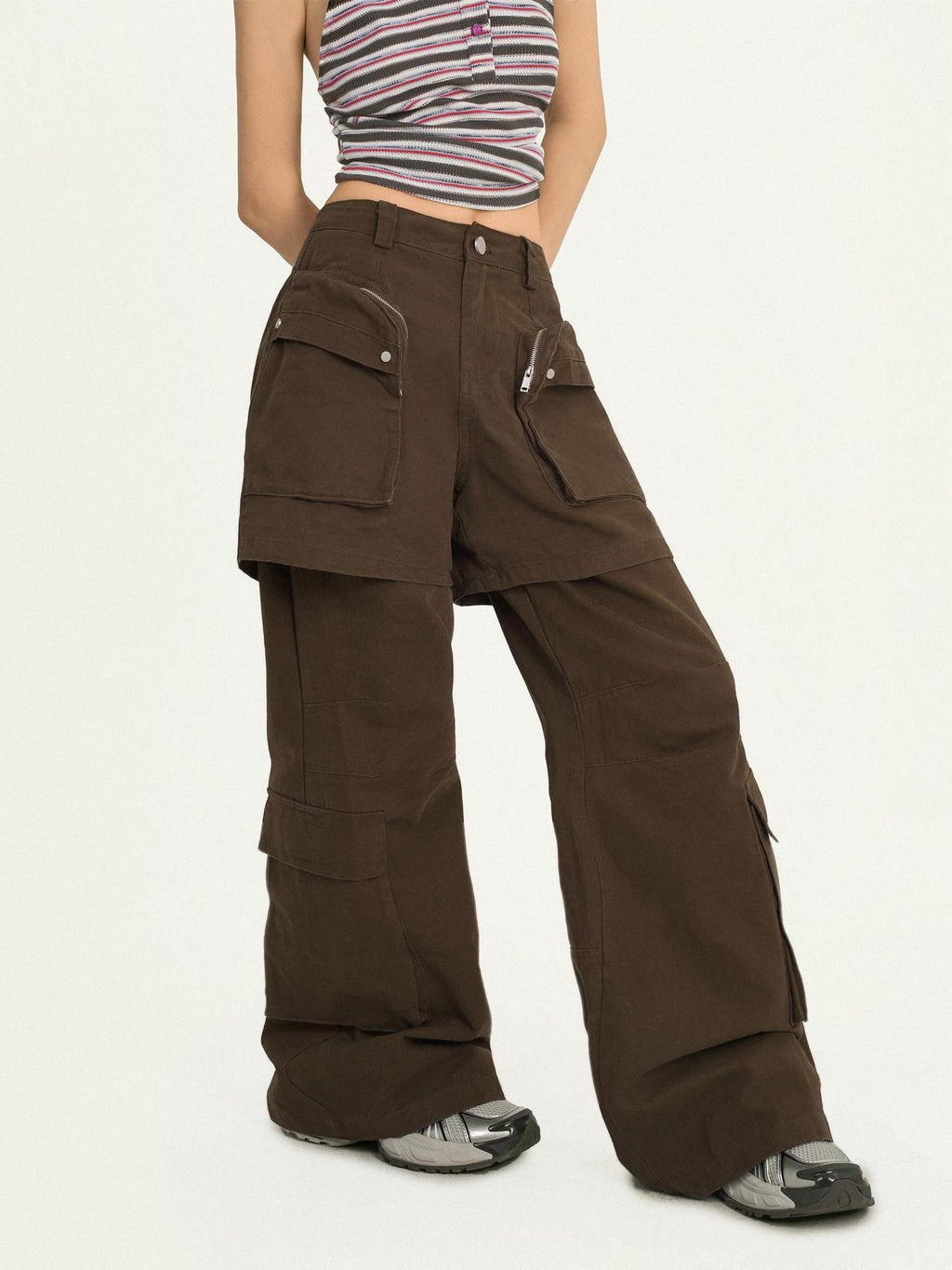 Nico Molly Vintage Loose Mock Two Piece Dark Brown Zip Fly Pockets Women Cargo Pants