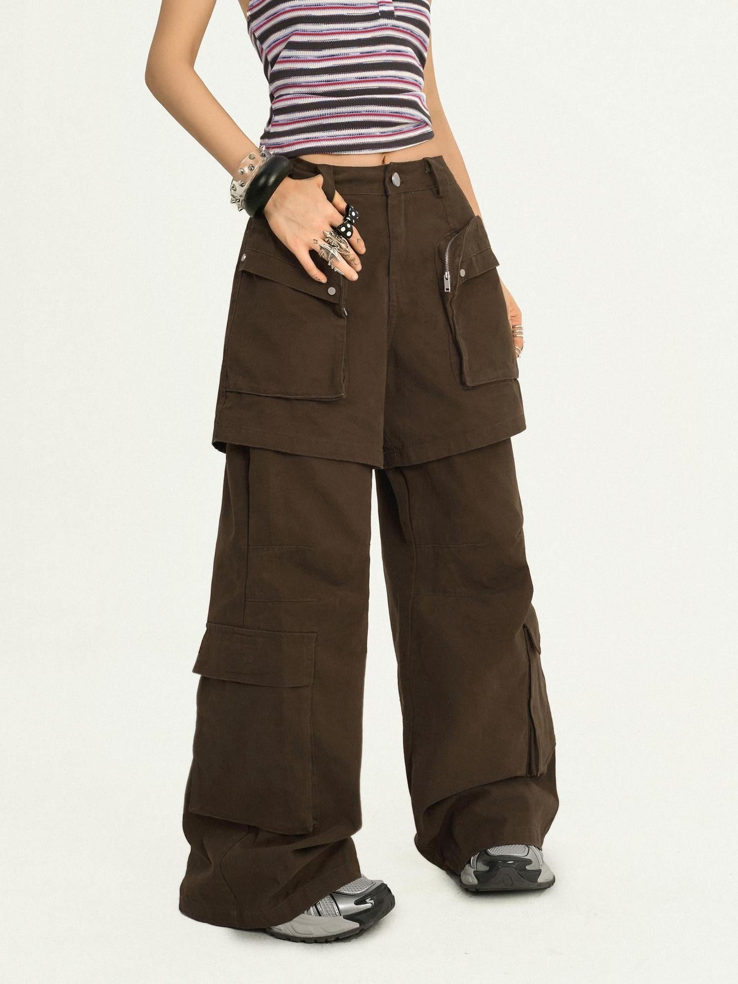 Nico Molly Vintage Loose Mock Two Piece Dark Brown Zip Fly Pockets Women Cargo Pants