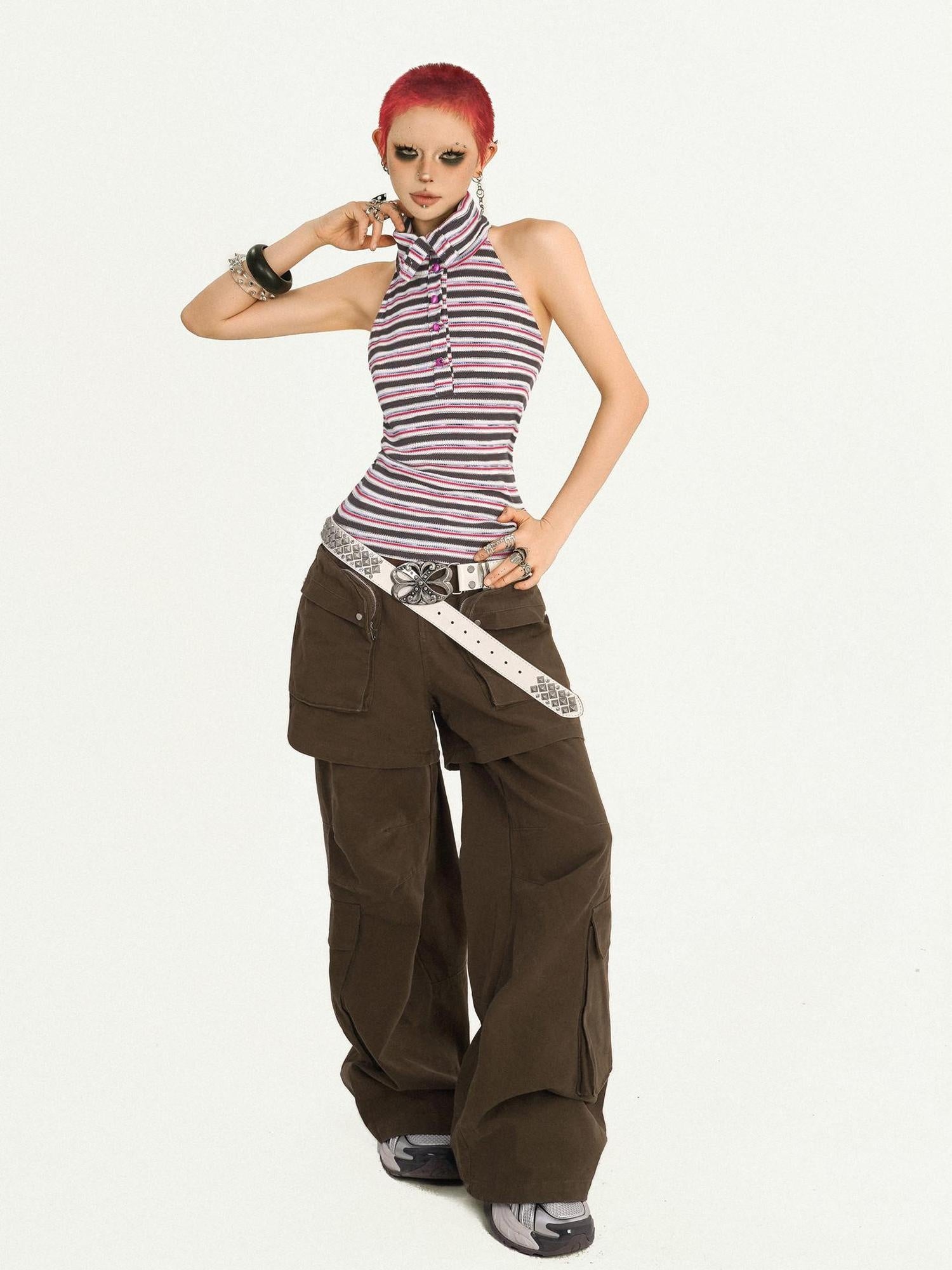 Nico Molly Vintage Loose Mock Two Piece Dark Brown Zip Fly Pockets Women Cargo Pants