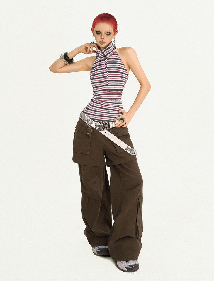 Nico Molly Vintage Loose Mock Two Piece Dark Brown Zip Fly Pockets Women Cargo Pants