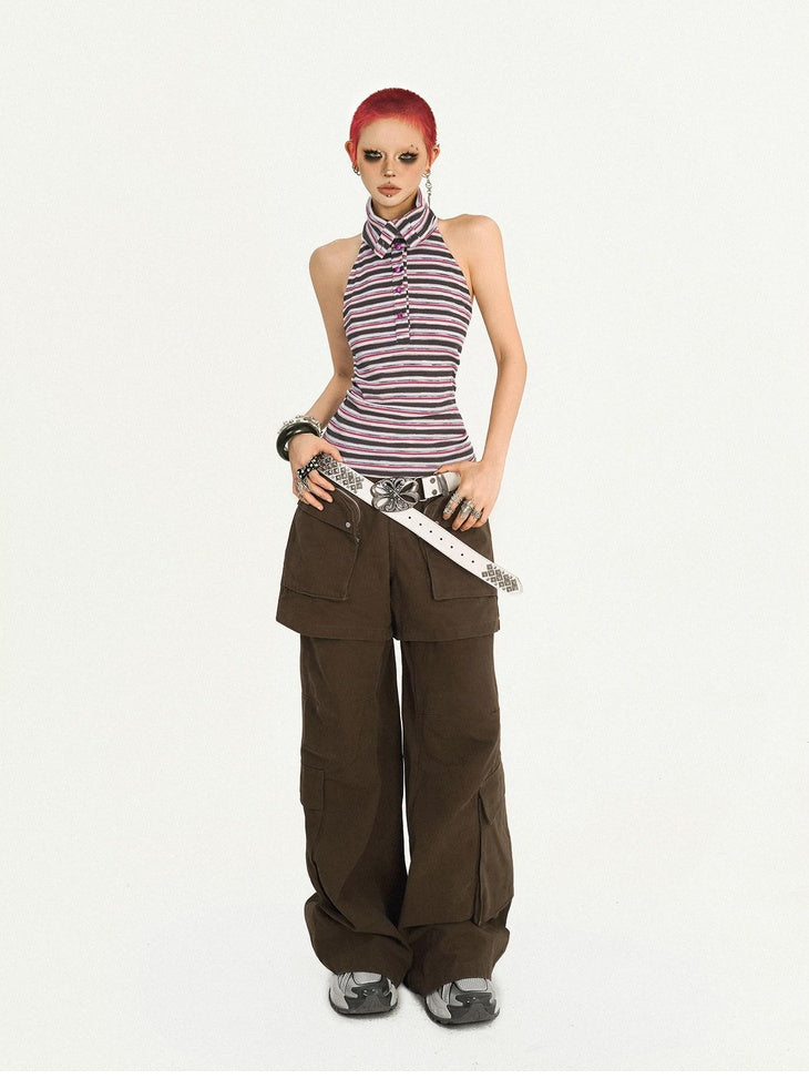 Nico Molly Vintage Loose Mock Two Piece Dark Brown Zip Fly Pockets Women Cargo Pants