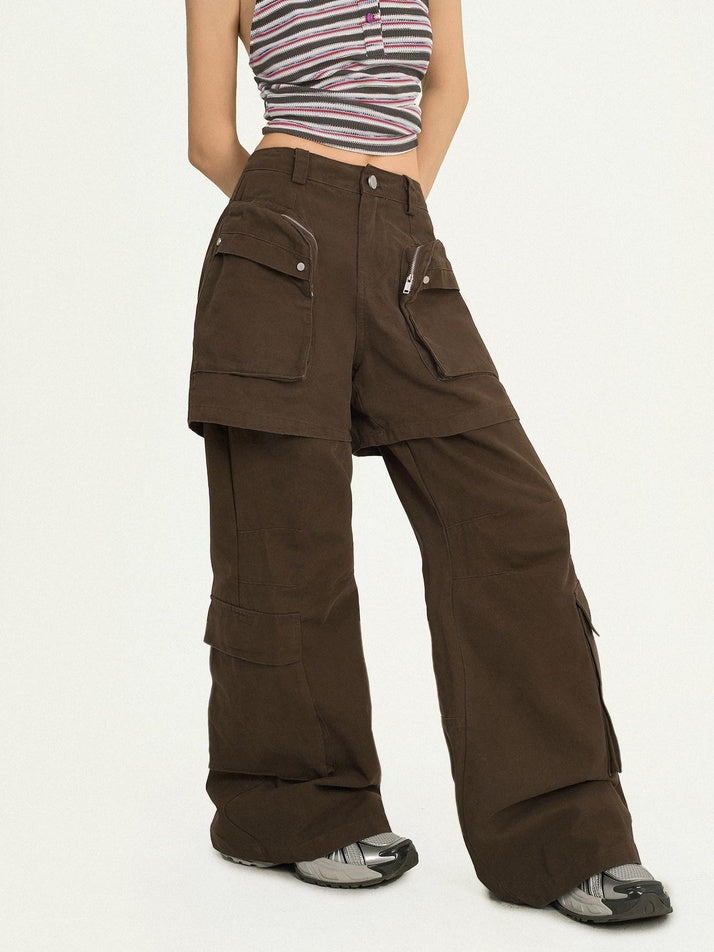 Nico Molly Vintage Loose Mock Two Piece Dark Brown Zip Fly Pockets Women Cargo Pants