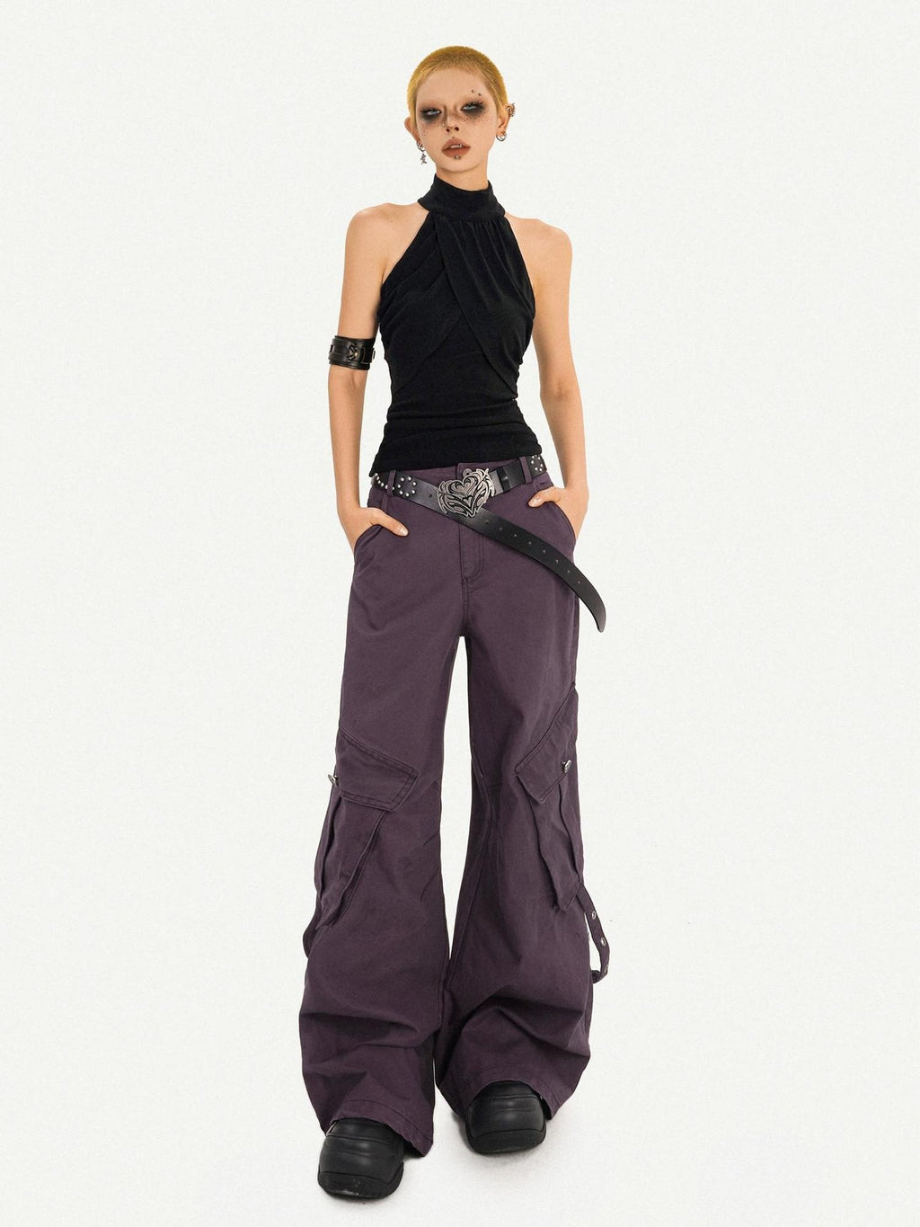 Nico Molly Vintage Low Rise Wide Leg Button Fly Purple Women Casual No Stretch Cargo Pants
