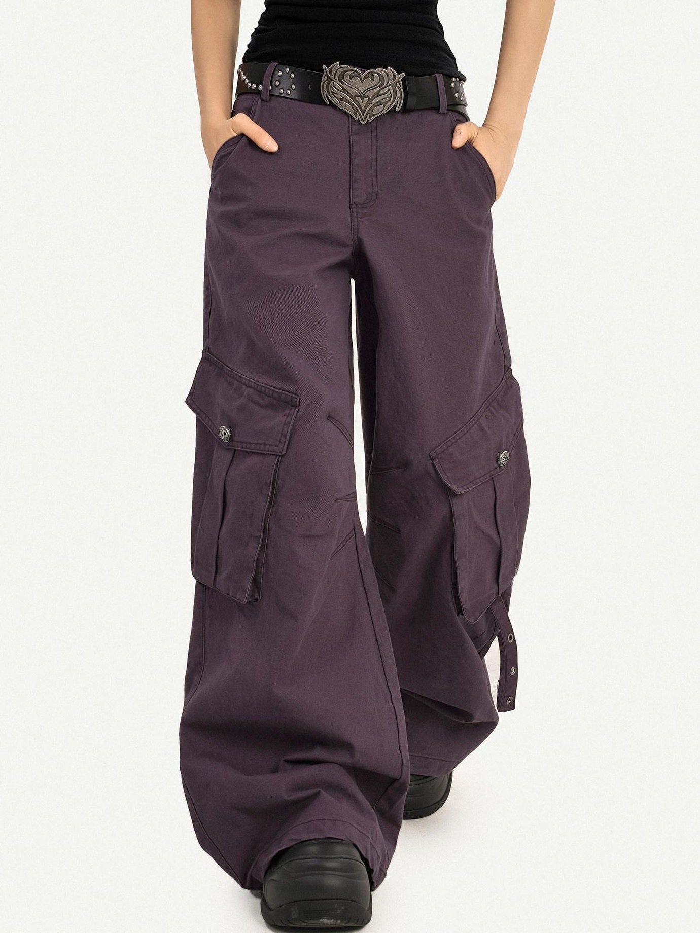 Nico Molly Vintage Low Rise Wide Leg Button Fly Purple Women Casual No Stretch Cargo Pants