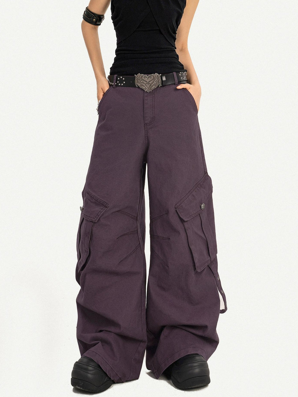 Nico Molly Vintage Low Rise Wide Leg Button Fly Purple Women Casual No Stretch Cargo Pants