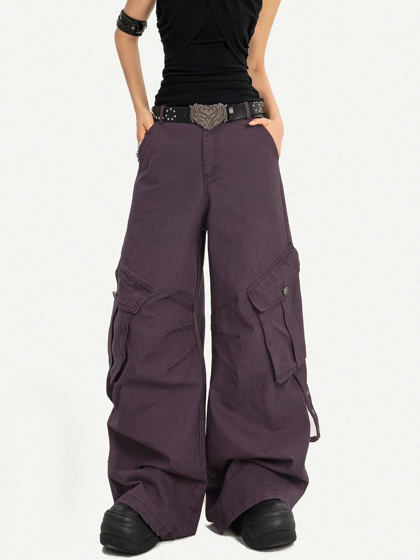 Nico Molly Vintage Low Rise Wide Leg Button Fly Purple Women Casual No Stretch Cargo Pants
