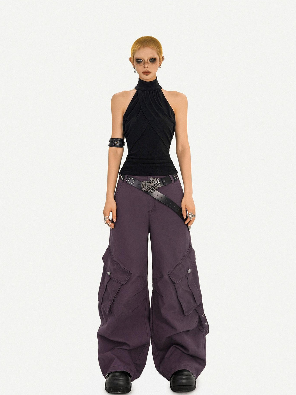 Nico Molly Vintage Low Rise Wide Leg Button Fly Purple Women Casual No Stretch Cargo Pants