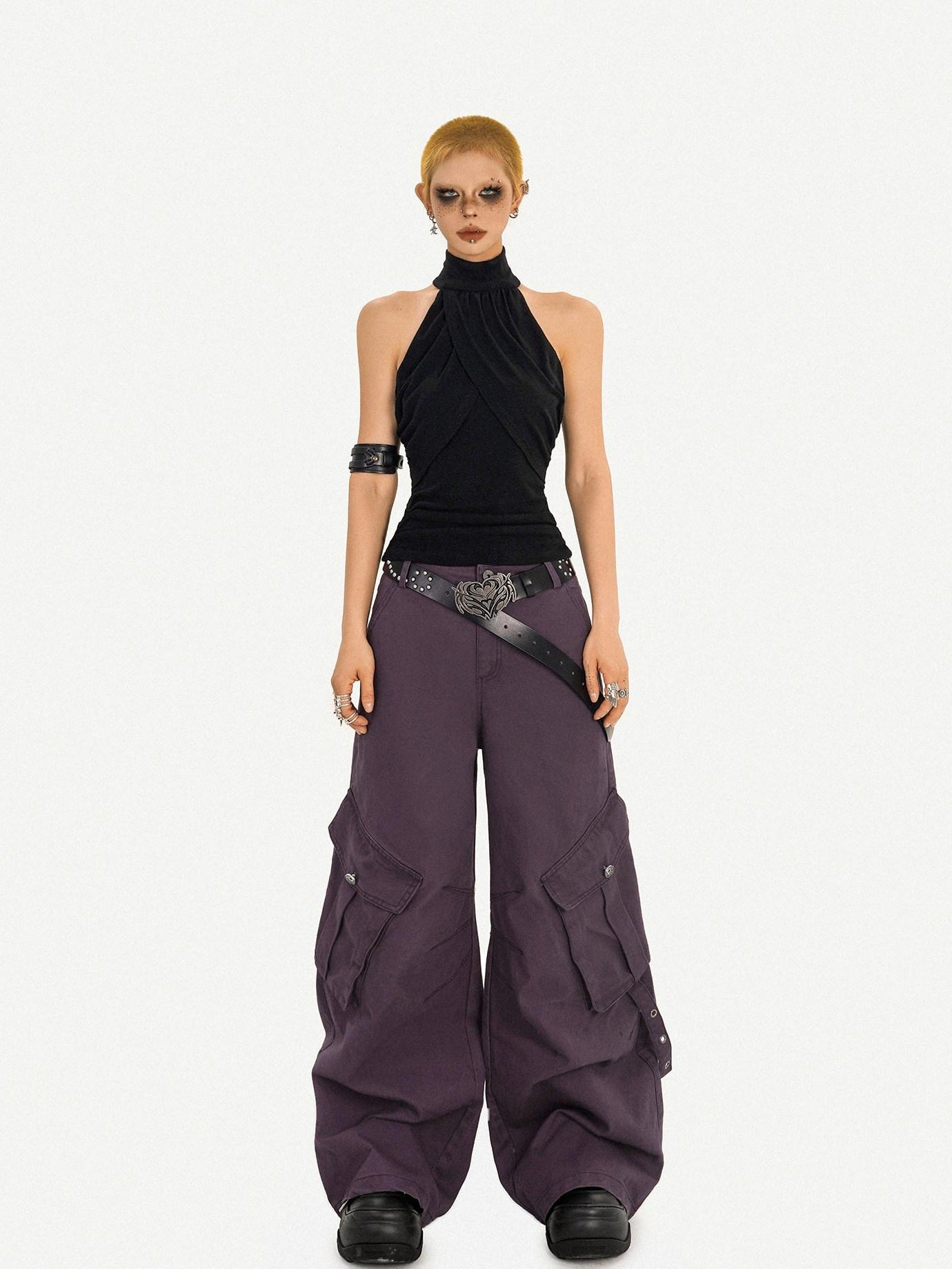 Nico Molly Vintage Low Rise Wide Leg Button Fly Purple Women Casual No Stretch Cargo Pants