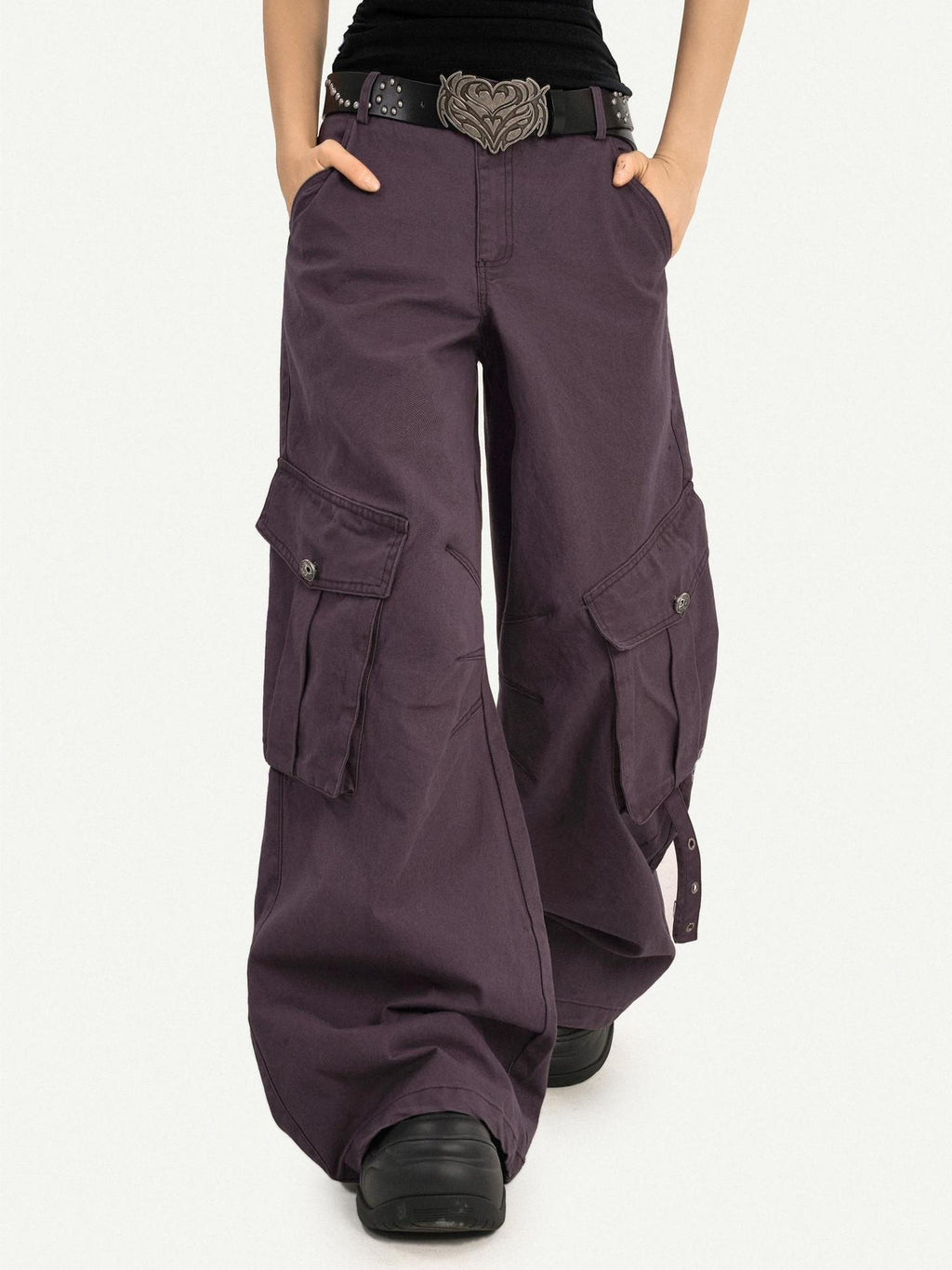 Nico Molly Vintage Low Rise Wide Leg Button Fly Purple Women Casual No Stretch Cargo Pants