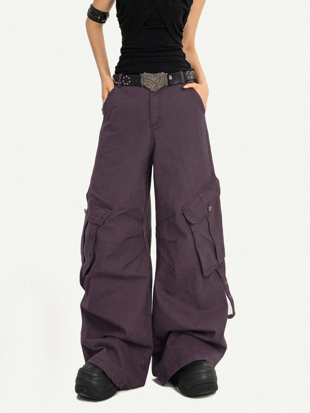 Nico Molly Vintage Low Rise Wide Leg Button Fly Purple Women Casual No Stretch Cargo Pants