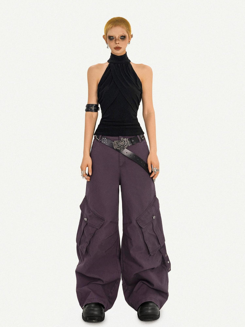 Nico Molly Vintage Low Rise Wide Leg Button Fly Purple Women Casual No Stretch Cargo Pants