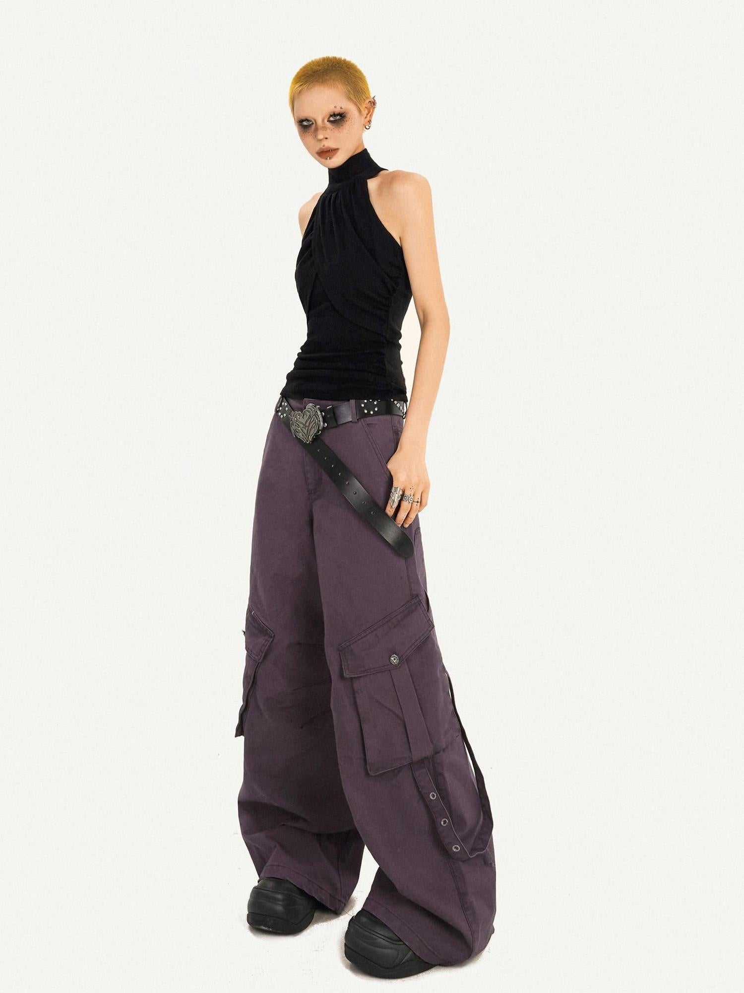 Nico Molly Vintage Low Rise Wide Leg Button Fly Purple Women Casual No Stretch Cargo Pants