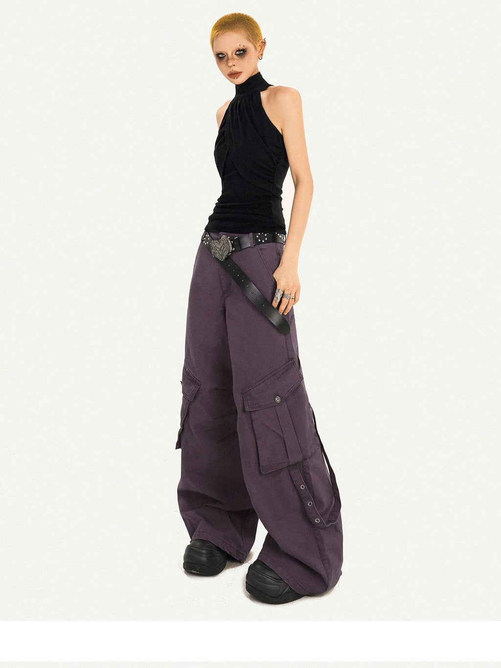 Nico Molly Vintage Low Rise Wide Leg Button Fly Purple Women Casual No Stretch Cargo Pants