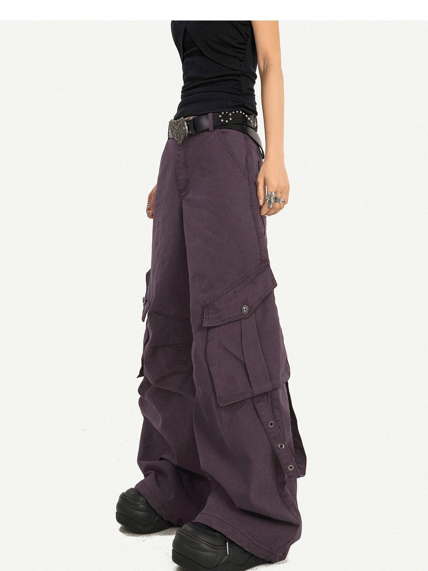 Nico Molly Vintage Low Rise Wide Leg Button Fly Purple Women Casual No Stretch Cargo Pants