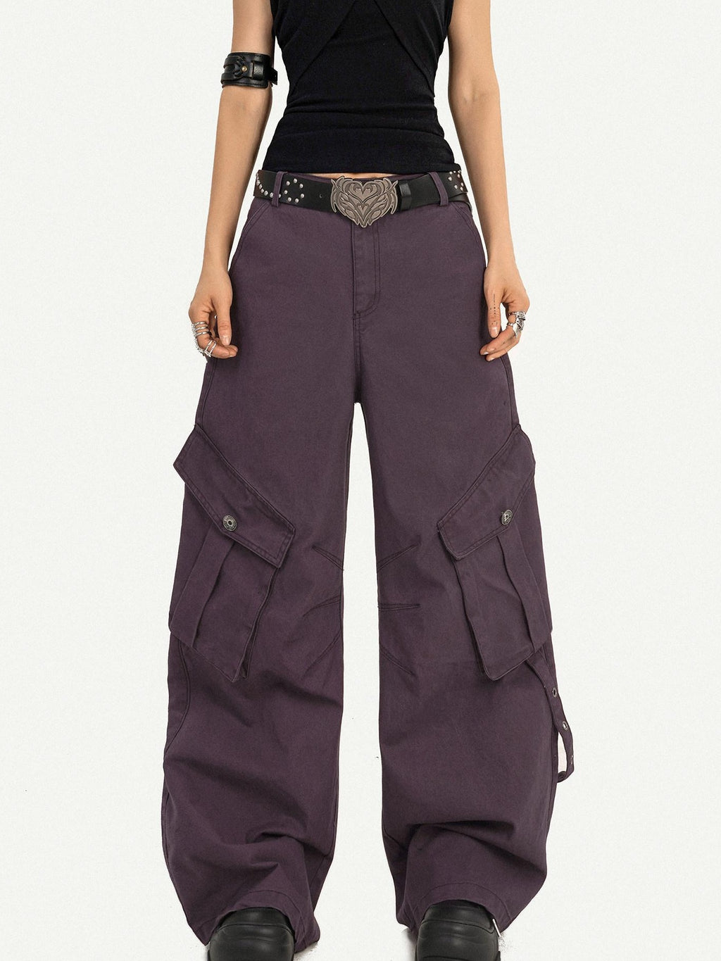 Nico Molly Vintage Low Rise Wide Leg Button Fly Purple Women Casual No Stretch Cargo Pants