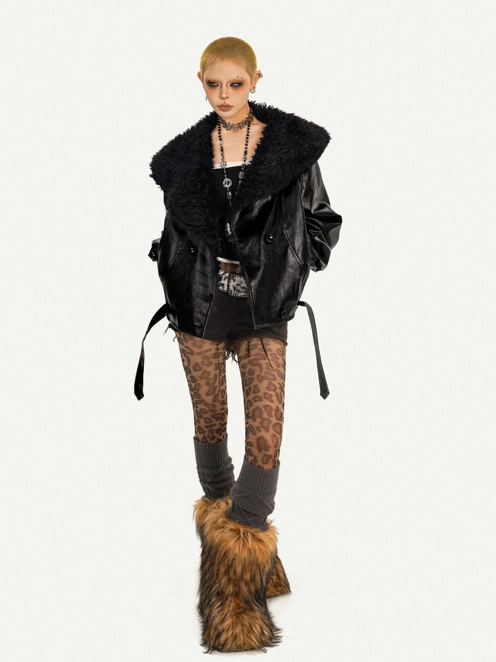 Nico Molly Vintage Oversized Pu With Large Fur Collar Women Black Zip Leather Jackets