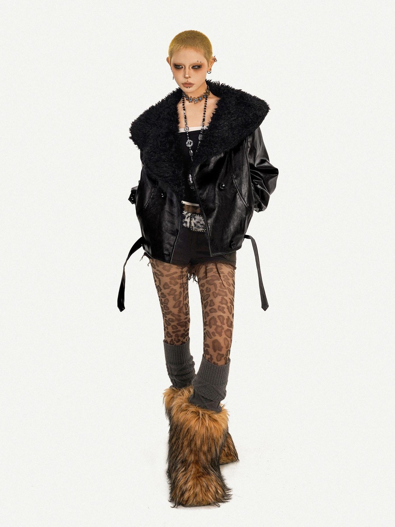 Nico Molly Vintage Oversized Pu With Large Fur Collar Women Black Zip Leather Jackets