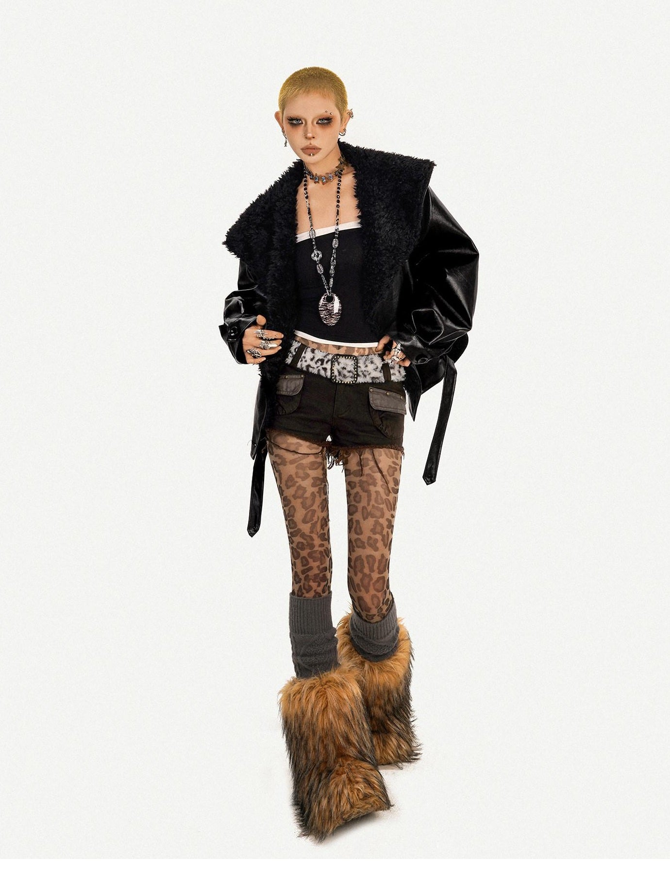 Nico Molly Vintage Oversized Pu With Large Fur Collar Women Black Zip Leather Jackets