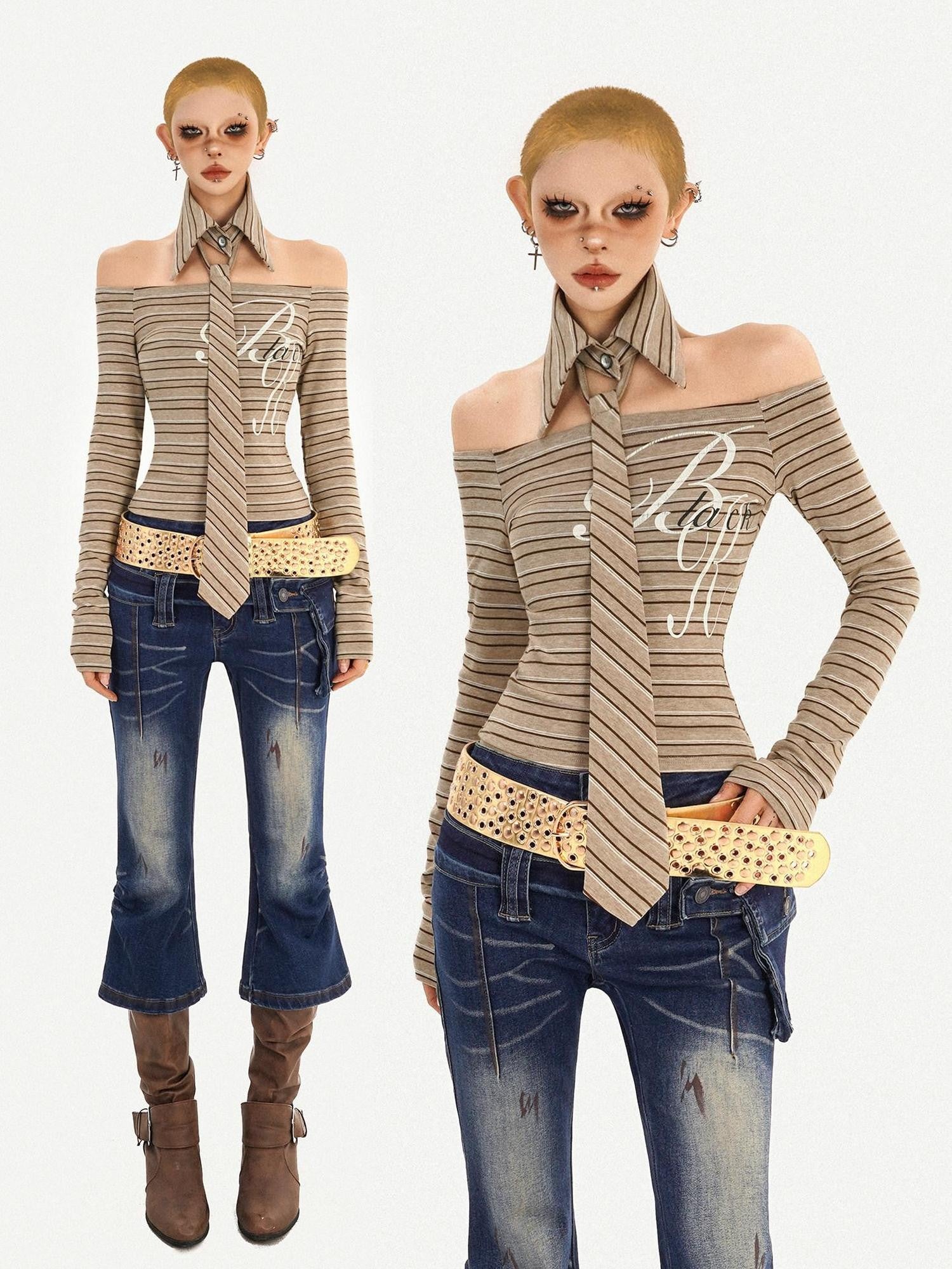 Nico Molly Vintage Slim Fit Polo Collar Striped Womens Casual Knit Long Sleeve T-Shirts