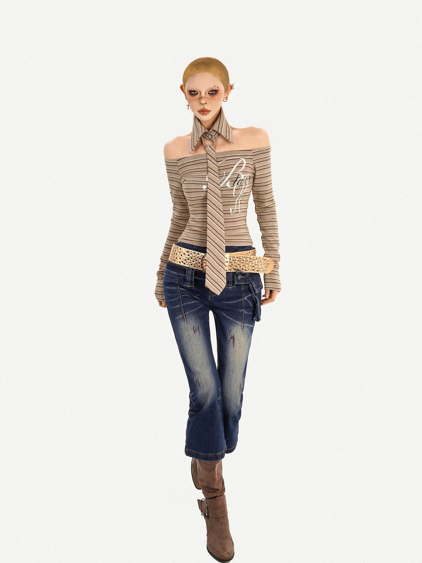 Nico Molly Vintage Slim Fit Polo Collar Striped Womens Casual Knit Long Sleeve T-Shirts