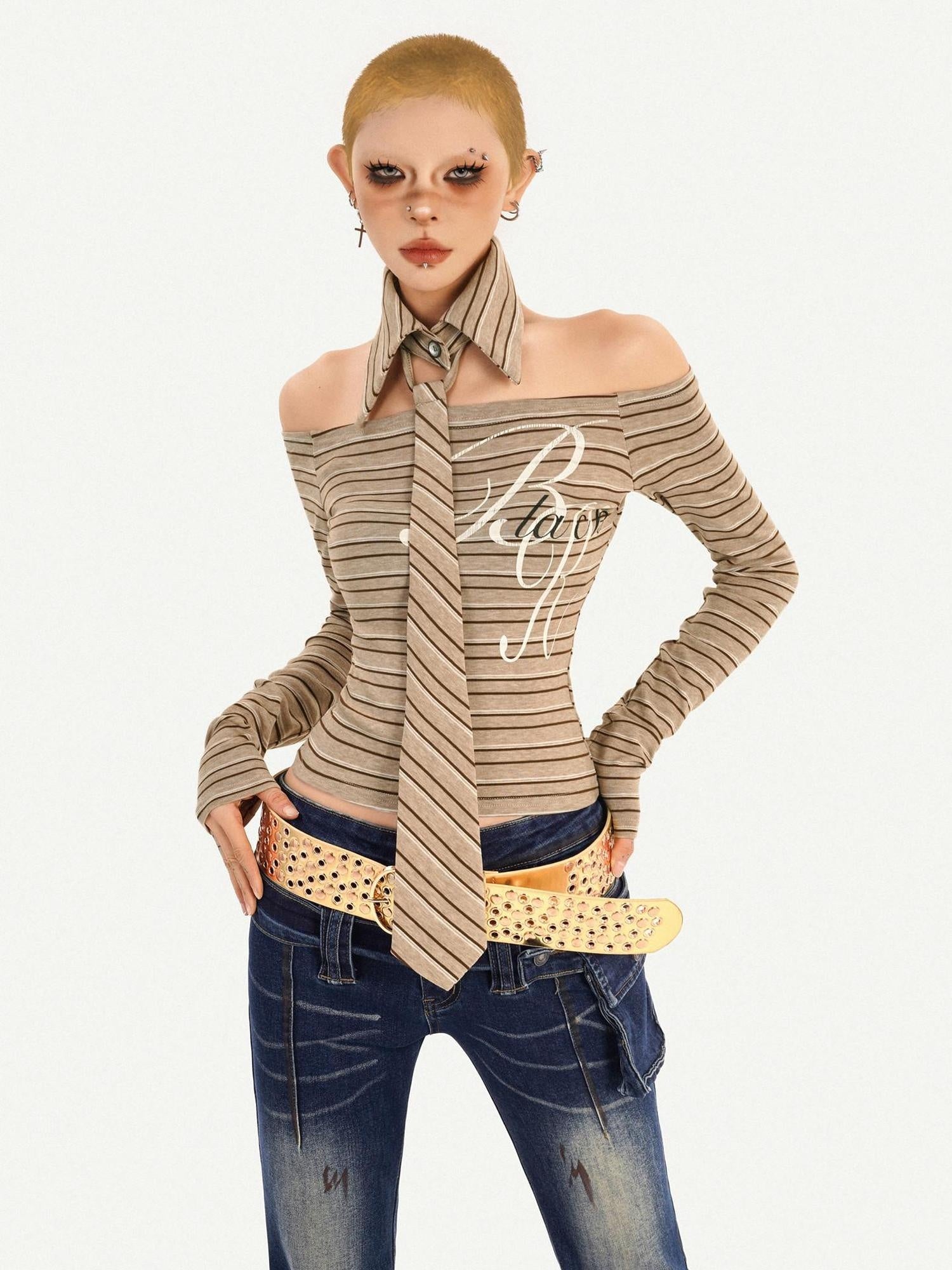 Nico Molly Vintage Slim Fit Polo Collar Striped Womens Casual Knit Long Sleeve T-Shirts