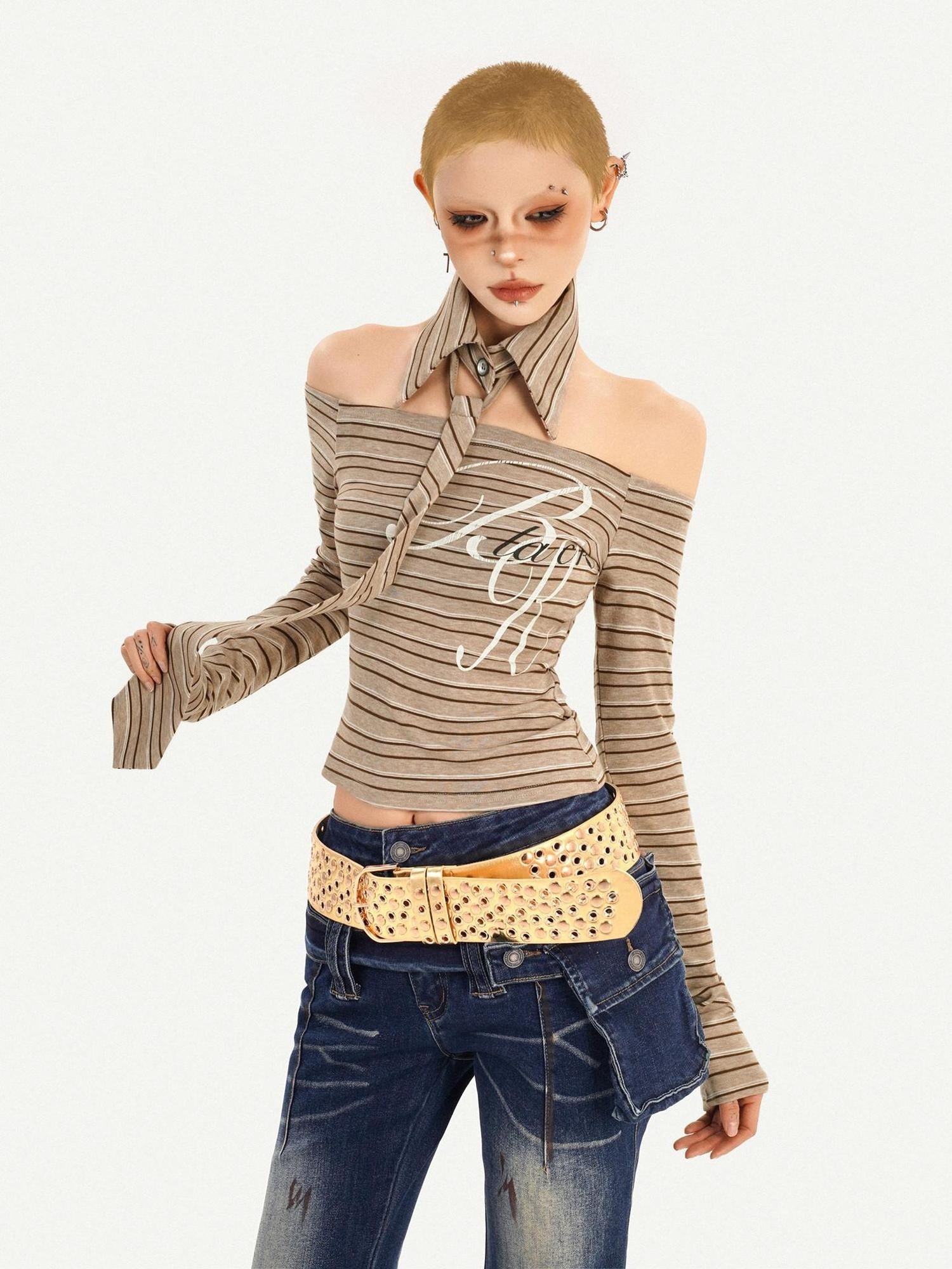 Nico Molly Vintage Slim Fit Polo Collar Striped Womens Casual Knit Long Sleeve T-Shirts