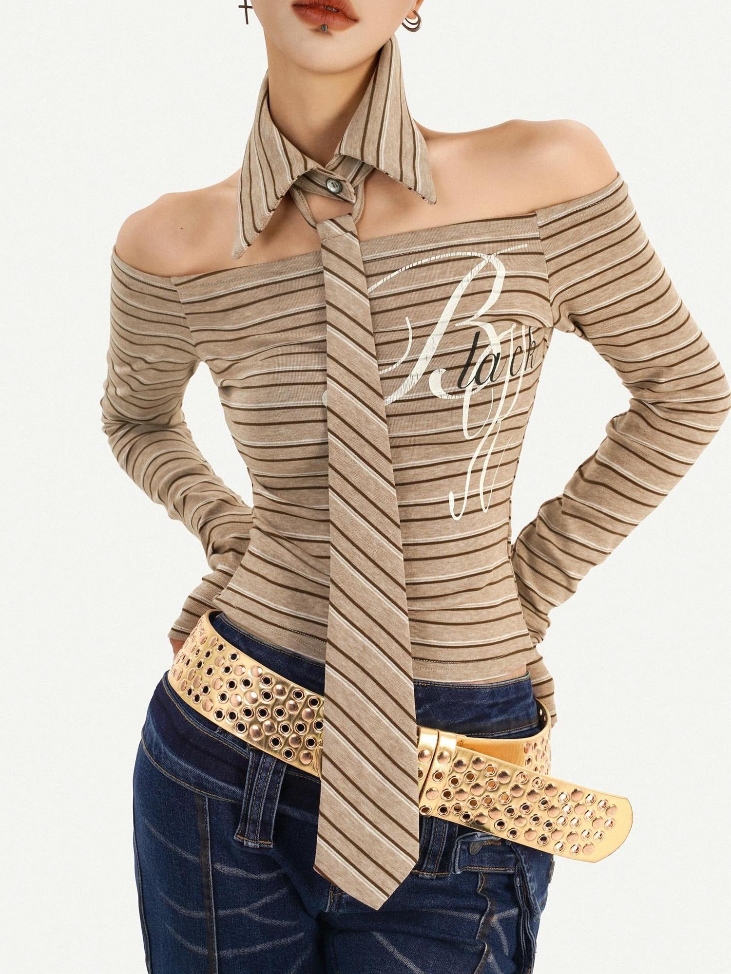 Nico Molly Vintage Slim Fit Polo Collar Striped Womens Casual Knit Long Sleeve T-Shirts