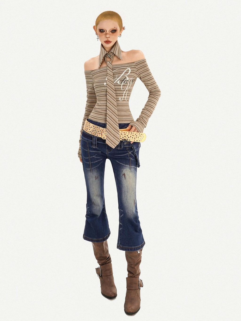 Nico Molly Vintage Slim Fit Polo Collar Striped Womens Casual Knit Long Sleeve T-Shirts