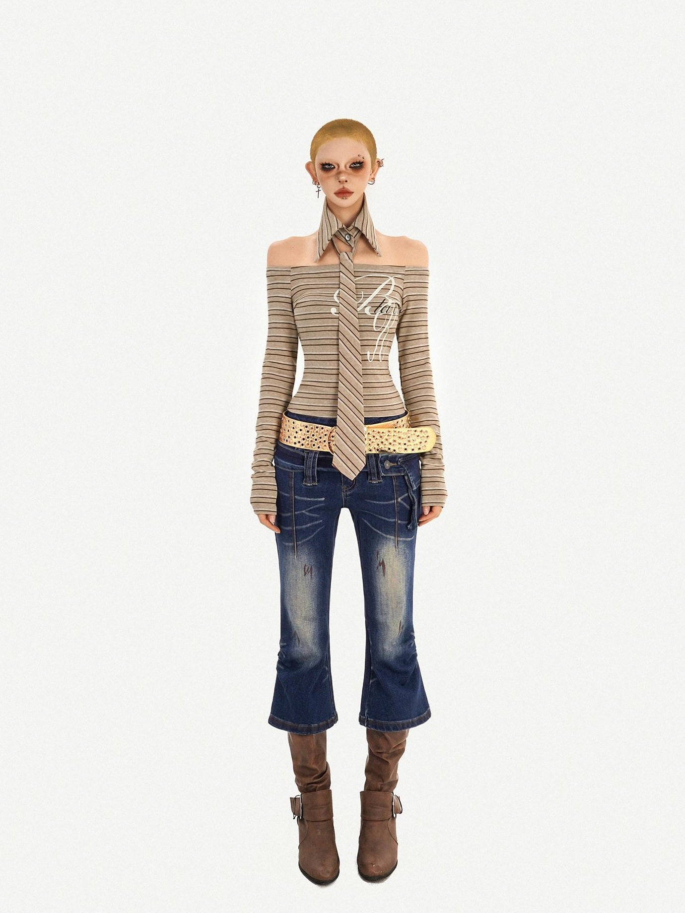 Nico Molly Vintage Slim Fit Polo Collar Striped Womens Casual Knit Long Sleeve T-Shirts