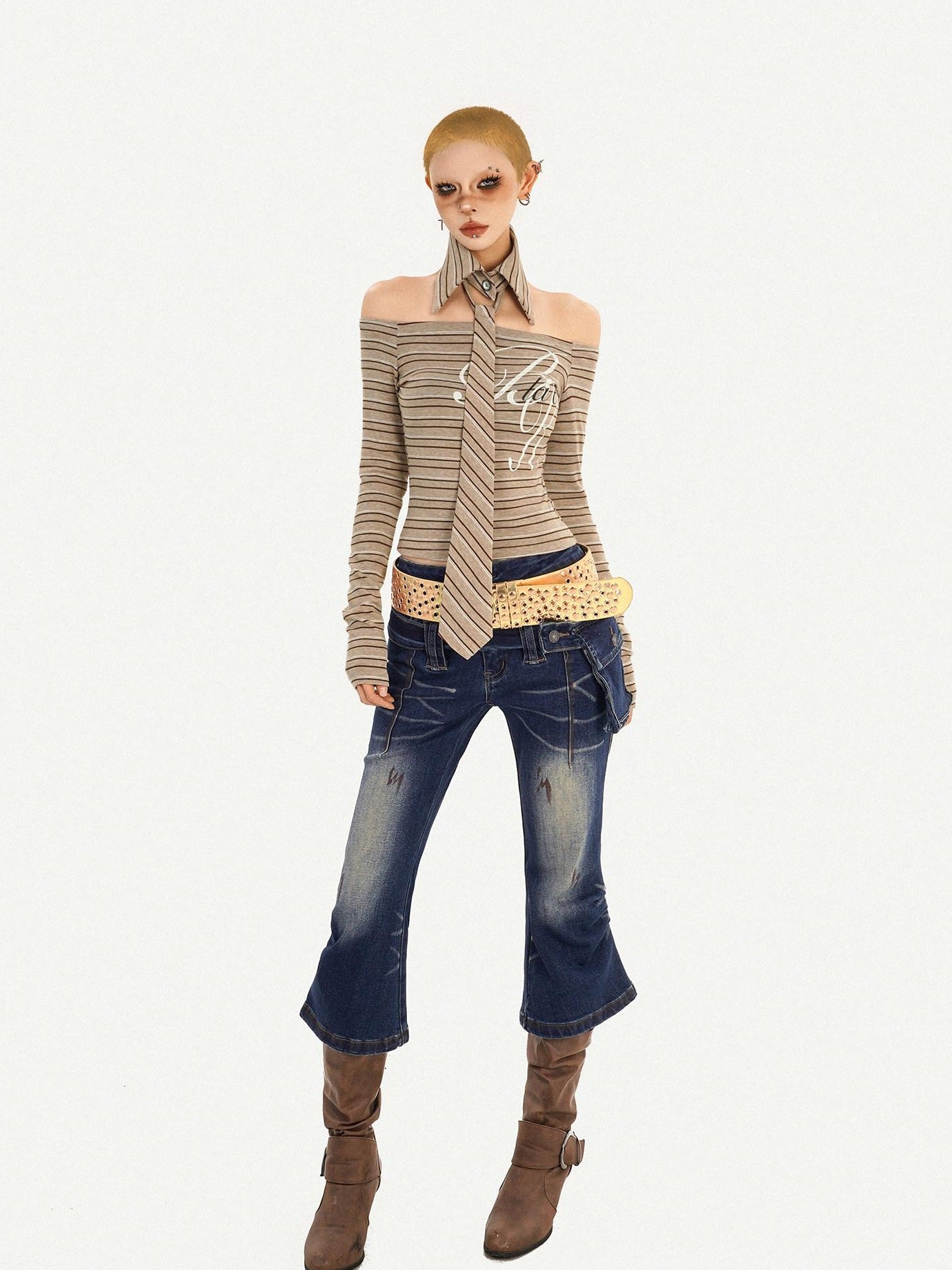 Nico Molly Vintage Slim Fit Polo Collar Striped Womens Casual Knit Long Sleeve T-Shirts