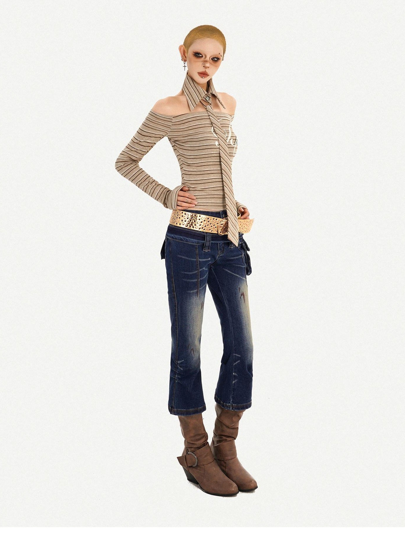 Nico Molly Vintage Slim Fit Polo Collar Striped Womens Casual Knit Long Sleeve T-Shirts
