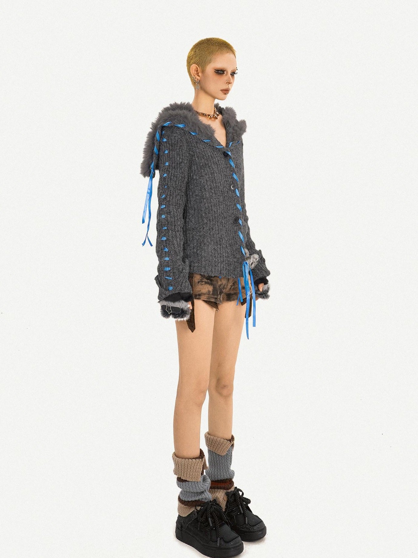 Nico Molly Vintage Tie Detail Button Long Sleeve Solid Dark Gray Knit For Women Cardigans