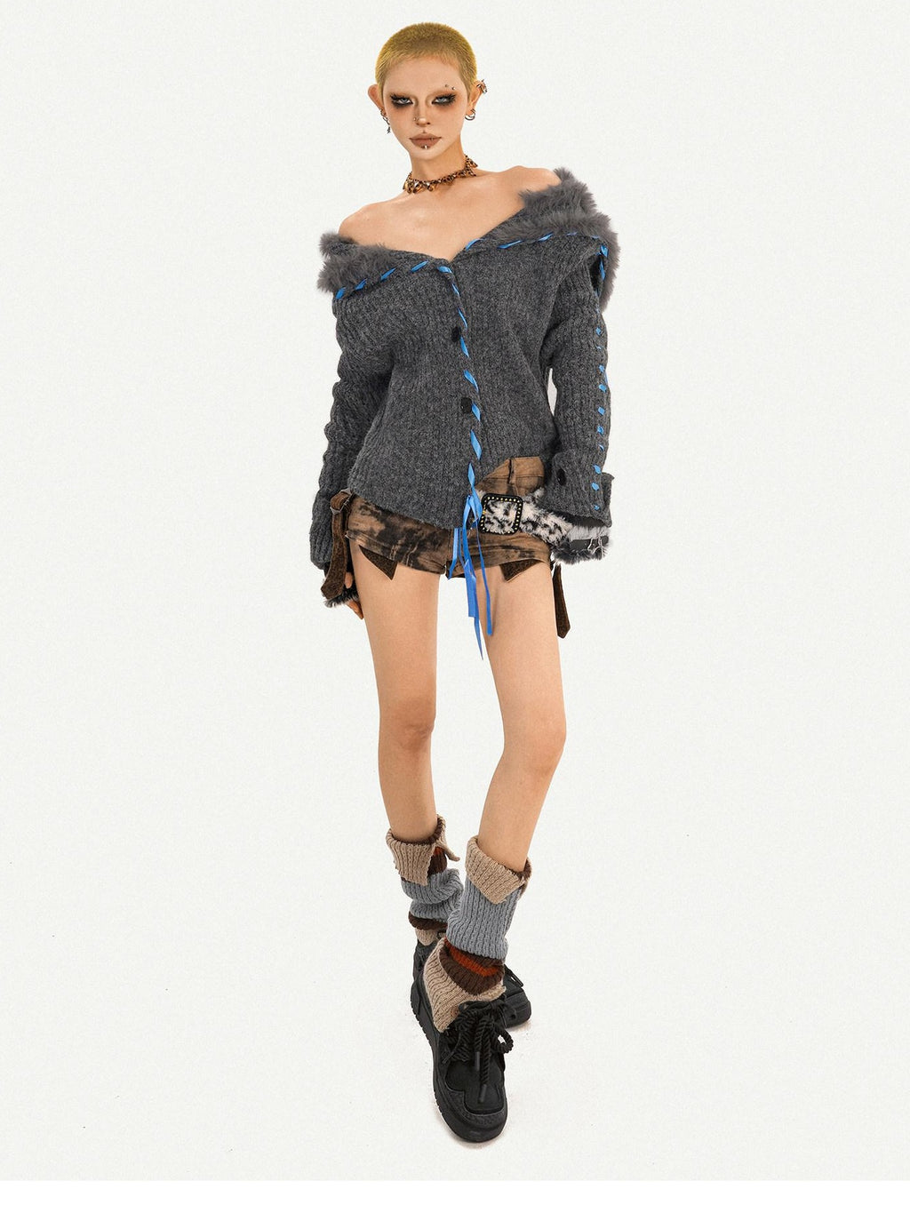 Nico Molly Vintage Tie Detail Button Long Sleeve Solid Dark Gray Knit For Women Cardigans