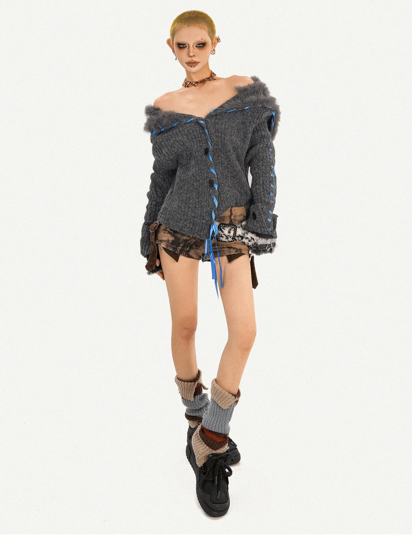 Nico Molly Vintage Tie Detail Button Long Sleeve Solid Dark Gray Knit For Women Cardigans
