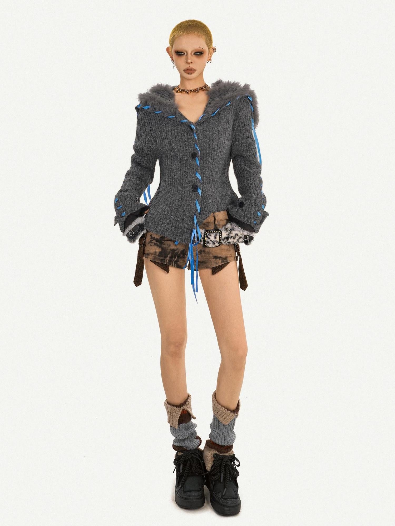 Nico Molly Vintage Tie Detail Button Long Sleeve Solid Dark Gray Knit For Women Cardigans