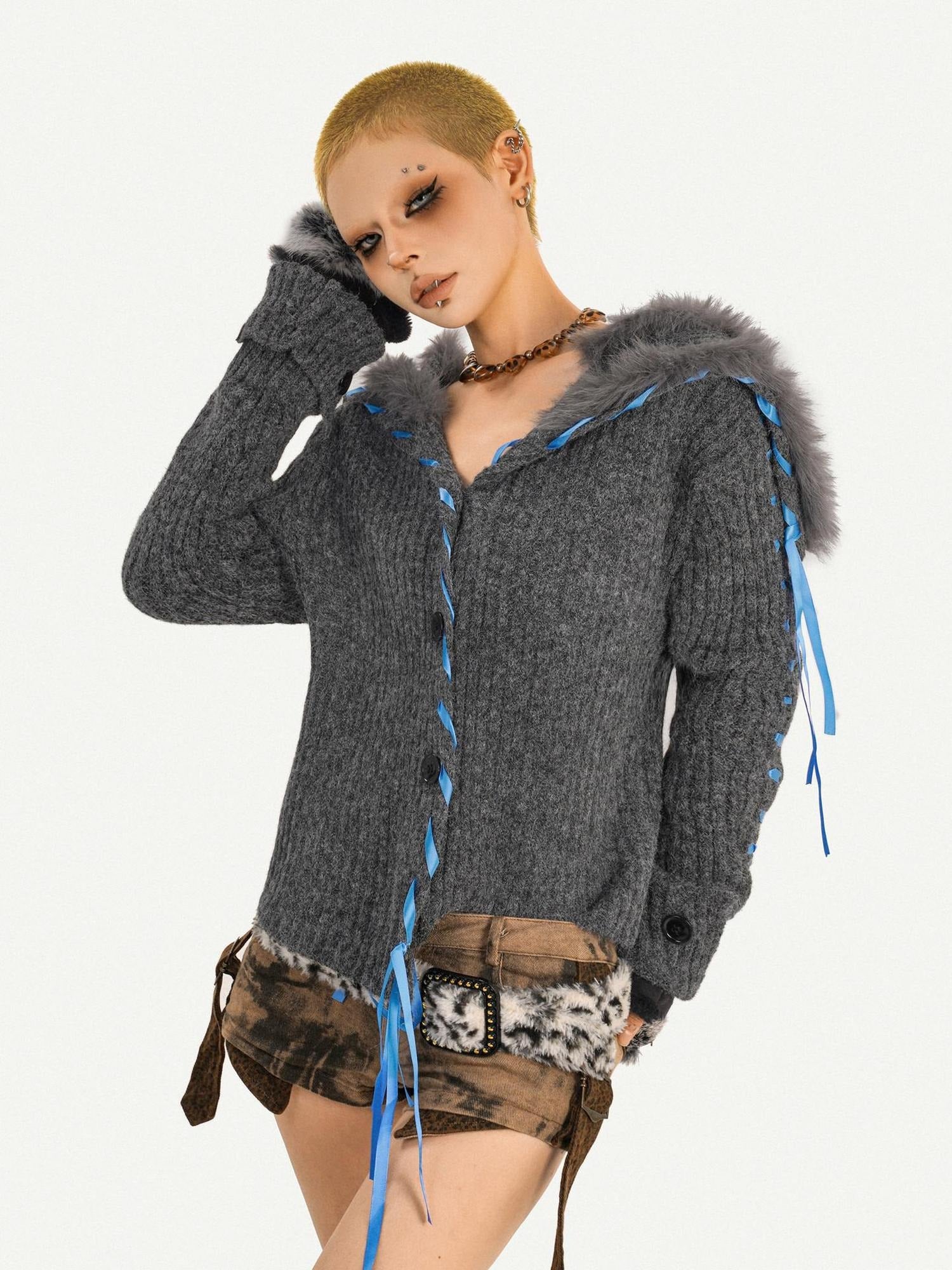 Nico Molly Vintage Tie Detail Button Long Sleeve Solid Dark Gray Knit For Women Cardigans