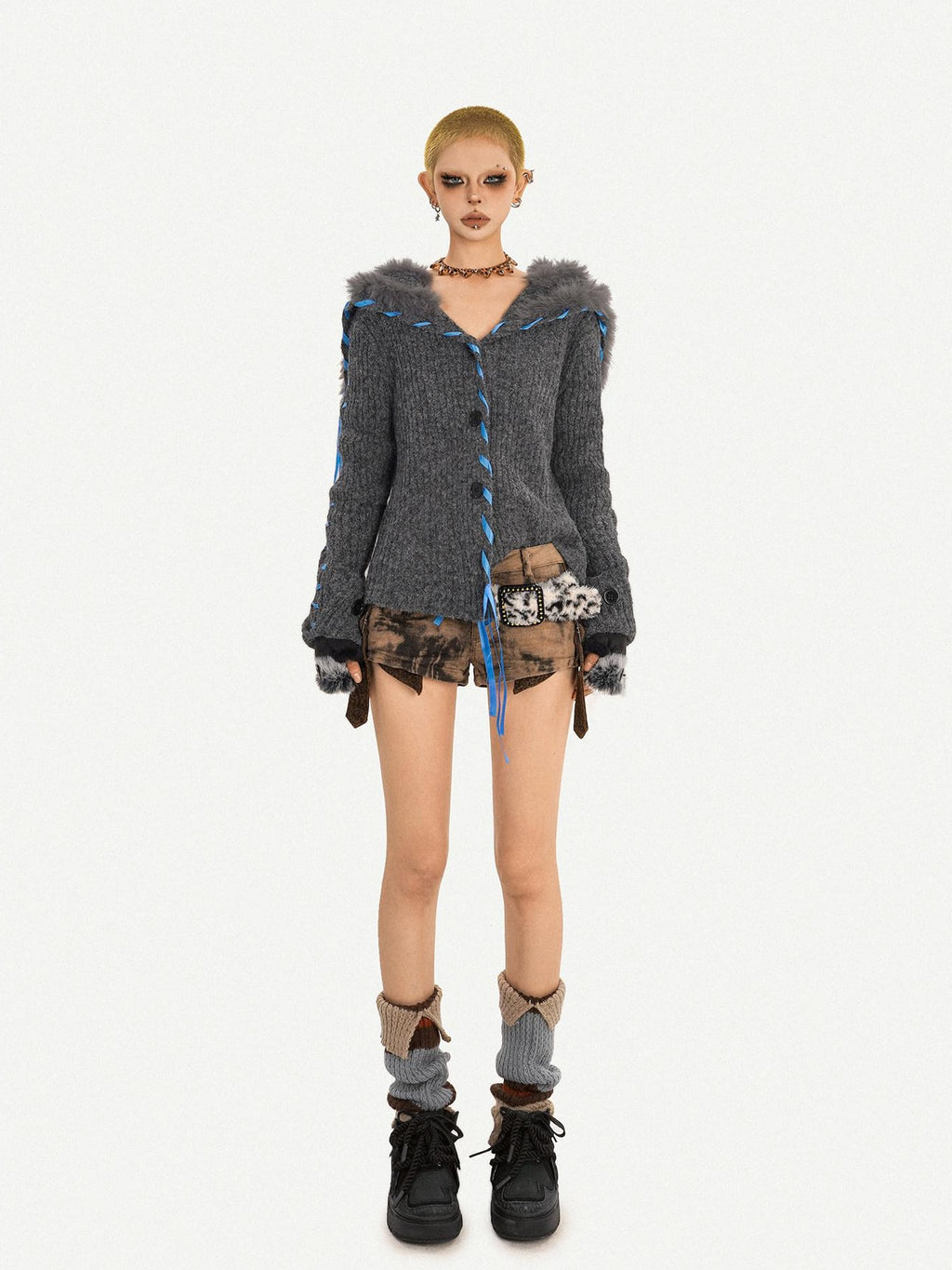 Nico Molly Vintage Tie Detail Button Long Sleeve Solid Dark Gray Knit For Women Cardigans