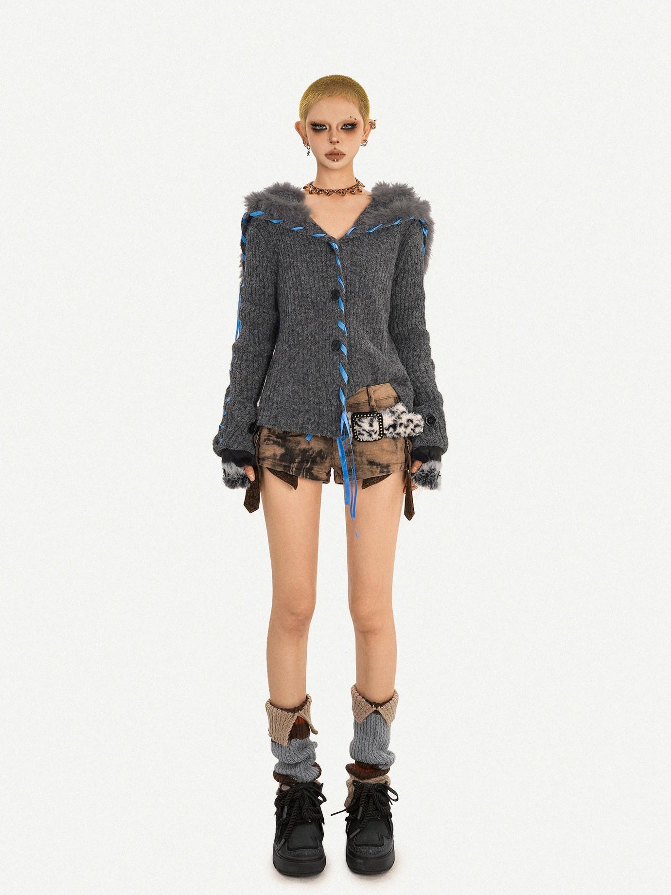 Nico Molly Vintage Tie Detail Button Long Sleeve Solid Dark Gray Knit For Women Cardigans