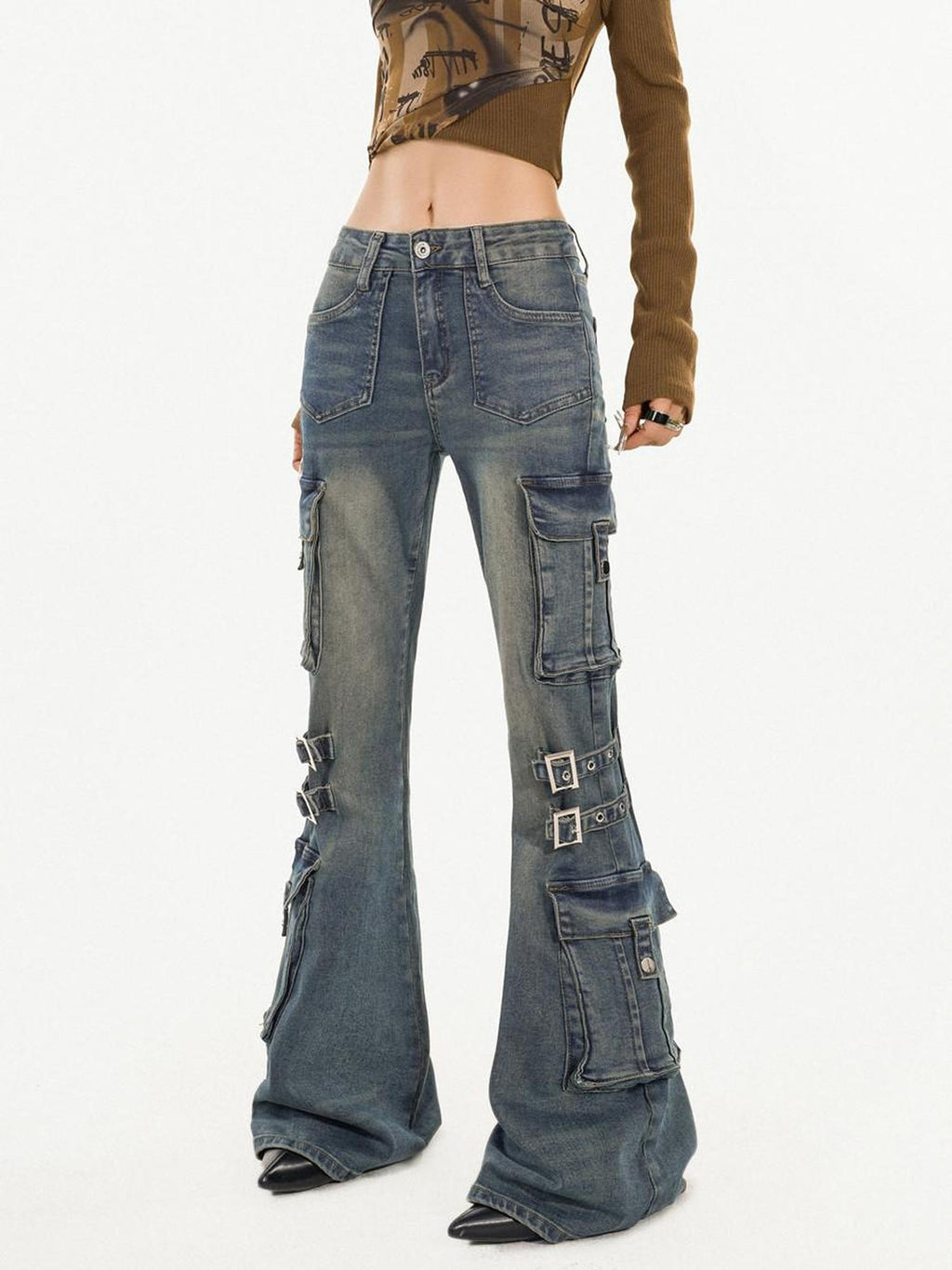 Nico Molly Vintage Washed Durable Natural Waist Slim Pocket Women Blue Gray Flared Jeans