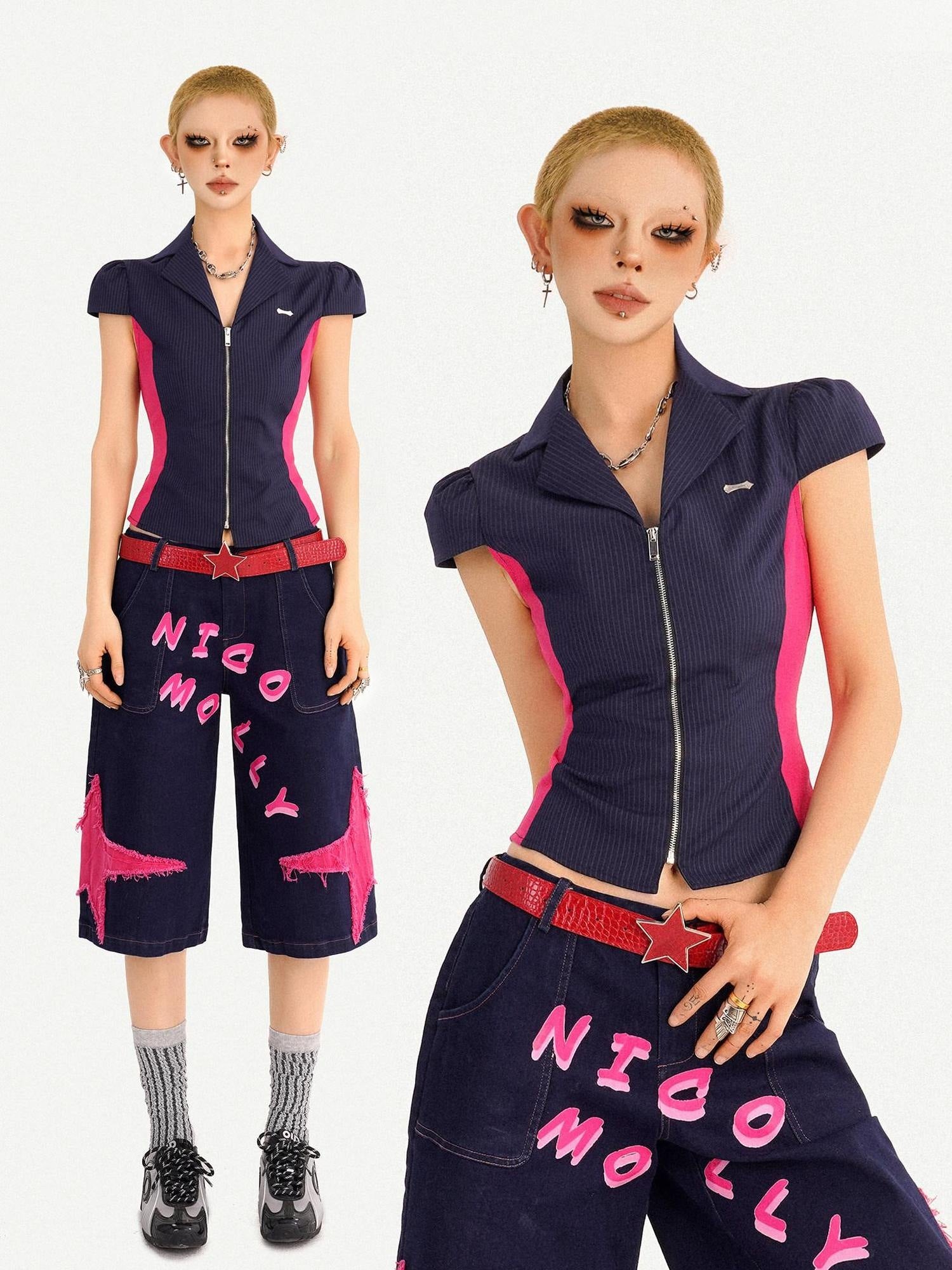 Nico Molly Waist Slimming Slim Fit Patchwork V-neck Zip Short Sleeve Striped Women Blouses