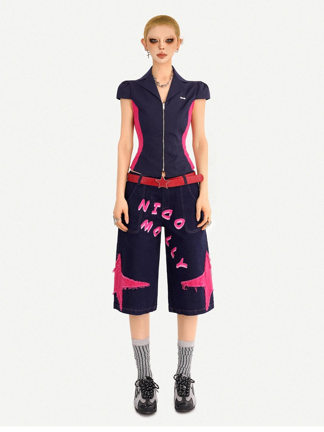 Nico Molly Waist Slimming Slim Fit Patchwork V-neck Zip Short Sleeve Striped Women Blouses