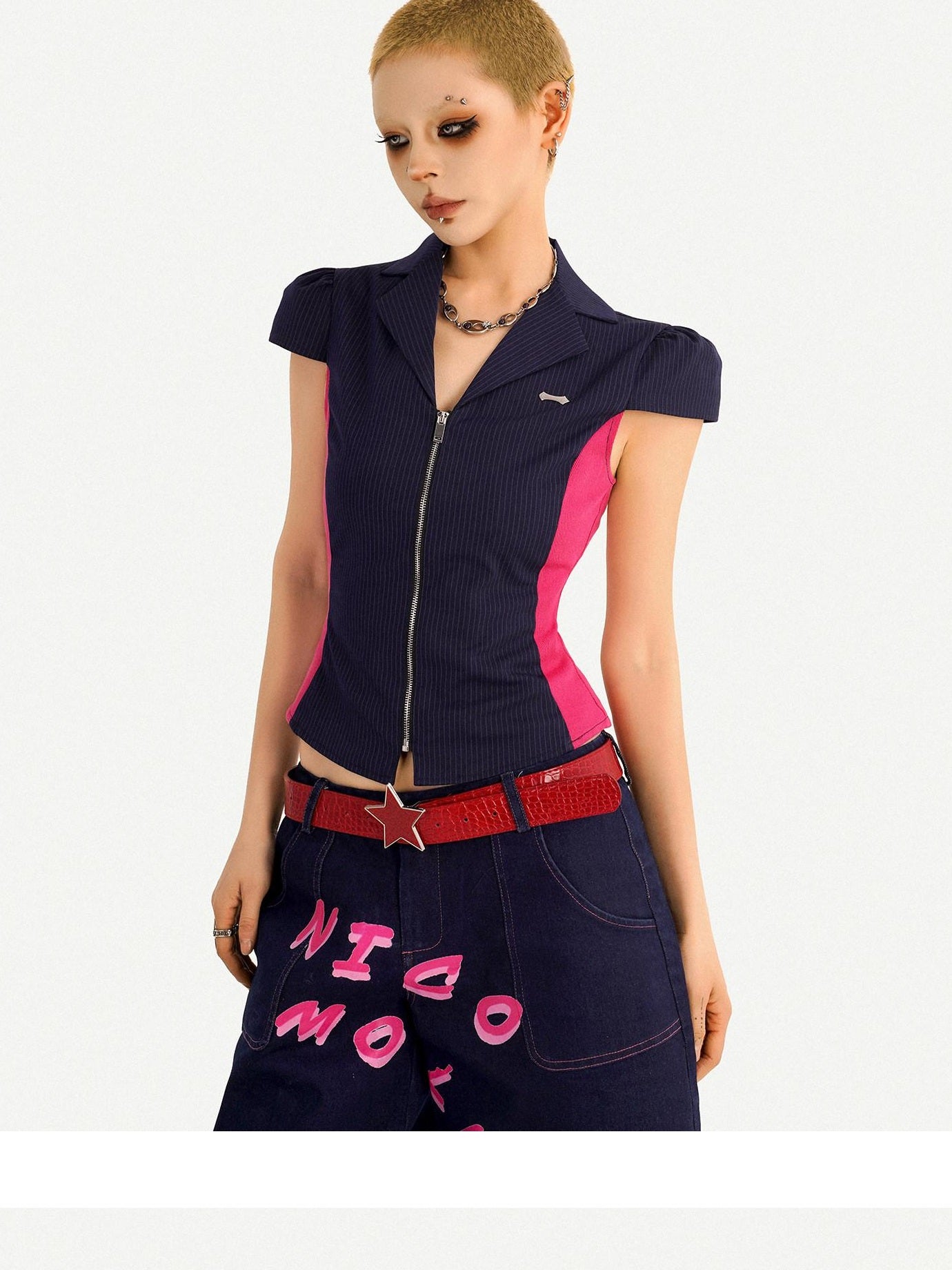 Nico Molly Waist Slimming Slim Fit Patchwork V-neck Zip Short Sleeve Striped Women Blouses