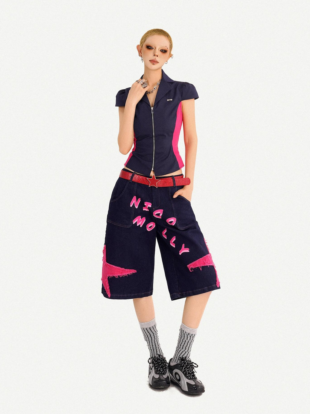 Nico Molly Waist Slimming Slim Fit Patchwork V-neck Zip Short Sleeve Striped Women Blouses